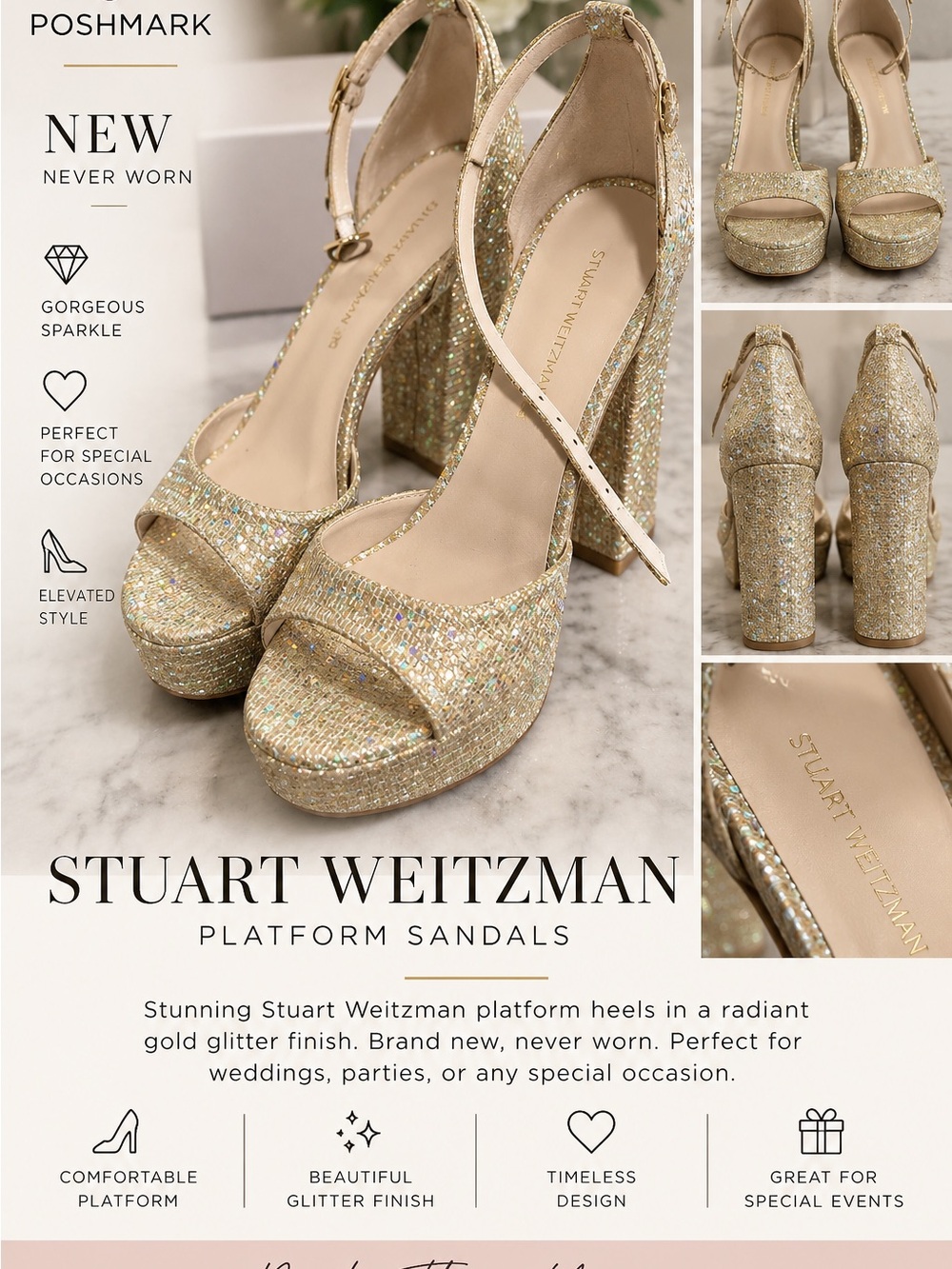 Stuart Weitzman Sparkling Gold Platform Sandals with Ankle Strap